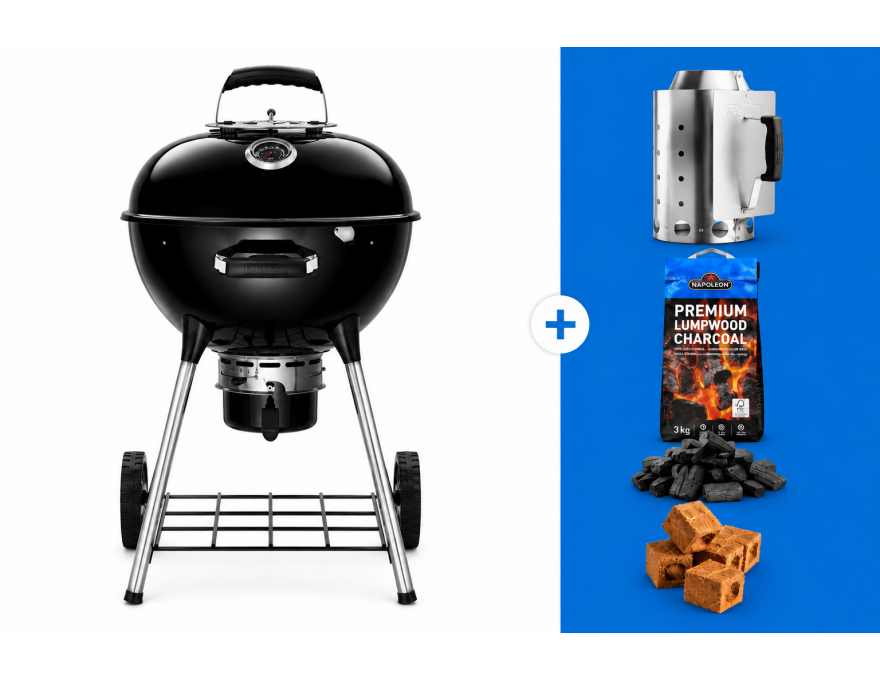 Grill węglowy 18" Premium Charcoal Kettle czarny  47 cm + zestaw (komin do rozpalania #67802, węgiel drzewny 3 kg #67107, podpałka 100 szt. #67052)